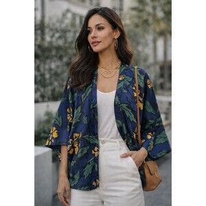BBWM Kimono Style Blouse Large Navy Blue Floral Leaf Print Satin Open Front Top